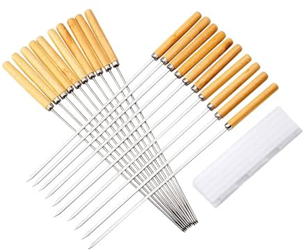 Paquet de 20 brochettes de barbecue en acier inoxydable avec poignées en bois brochettes en métal réutilisables de 33 cm pour griller des brochettes de légumes de viande