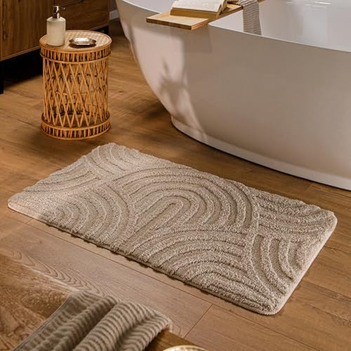 Wecon Home Badteppich Fiete, 70 x 120 cm, Sand beige | Hoch-Tief-Struktur, waschbar 30°C, rutschhemmend