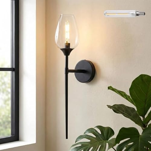 Rosnek Wandleuchte Innen Schwarz, 61cm Lang Moderne Glas-Wandlampe in Weinglasform, Inklusive E14 Leuchtmittel, Dekorative Kristall-Optik Wandbeleuchtung für Schlafzimmer, Wohnzimmer & Flur