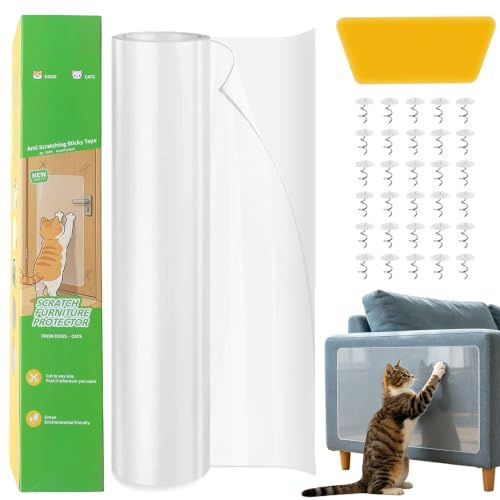 Protezione Divano Graffi Gatto 30cm x 5m, Pellicola Antigraffio Trasparente Autoadesiva per Gatti e Cani, Protettivo per Mobili, Divano, Porta e Parete, con Raschietto e Chiodi di Fissaggio
