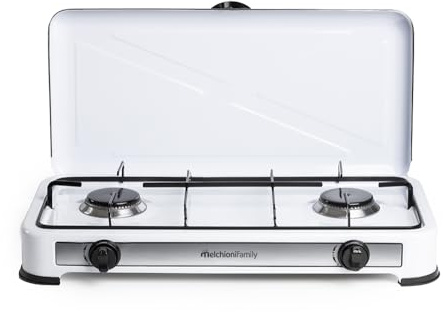 Fornello a Gas GPL Minerva Bianco 2 Fuochi Portatile da Campeggio Cucina da Esterno Acciaio Smaltato con Coperchio Regolazione Fiamma Griglie Removibili per Camper Picnic Giardino 2.9KW