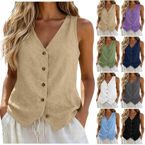 Chaleco de Algodón y Lino para Mujer, Sin Mangas, Cuellos en V, Botones Frontales Chaquetas Mujer, Casual Elegante Ropa Mujer Camisetas Basicas, Ideal para Oficina y Verano, Sólido y Ajustado