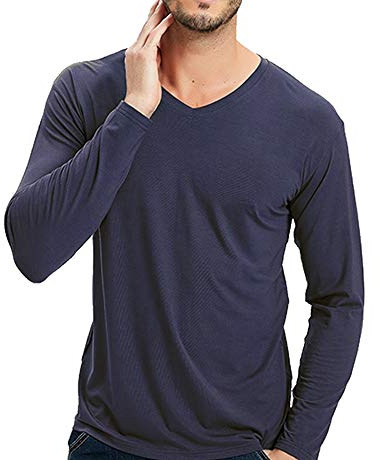 Wantschun Mens Modal Mix Bamboo Fiber V Neck Long Sleeve T-Shirt Undershirt Sleepwear Top Nightwear (Blue,UK XL)