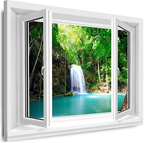 Myartstyle - Bilder Fenster 70x80cm XXL Leinwandbilder - 1 Teilige Wandbilder Fensterblick Wasserfall Natur Landschaft Kunstdrucke w-D4-130