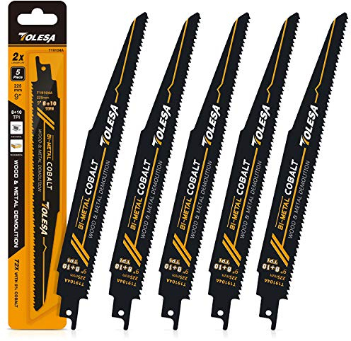 TOLESA Metal Wood Demolition Reciprocating Saw Accessories 225mm 8+10TPI for Steel Pipe Cutting, Drywall, Chipboard, Glass Fiber-Reinforce Plastic and Composite Materials Demolition 5 Pack