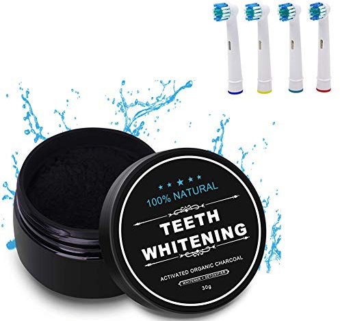 TEEROVA Activated Charcoal Teeth Whitening Powder Natural Organic Coconut Teeth Whitener with 4 Pcs Electric Toothbrush Replacement Heads for Oral B Braun