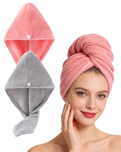 Lumimi set om 2 hårturban huvudhandduk av mikrofiber extra absorberande snabbtorkande fluffig knappstängning rosa grå
