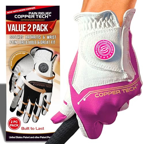 Copper Tech Guanti da golf da donna per destrorsi o golfisti mancini, confezione da 2, supporto articolato a compressione in rame con vestibilità flessibile e confortevole (bianco/fucsia, medio-grande