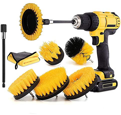 8 Piece Drill Brush Attachment Set, Power crevice brush Kit,with Extend Long Attachment and Microfiber Towel,for Cleaning Bathroom,Tile,Floor,Sink Grout Kitchen & Car(Yellow)