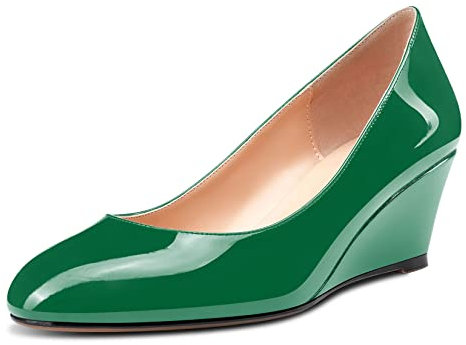 Saekcted Scarpe da Donna con Tacco Medio e Punta Rotonda Pumps con Tacco Zeppa Classiche Comode Tacchi 5CM Verde Verniciata 40 EU