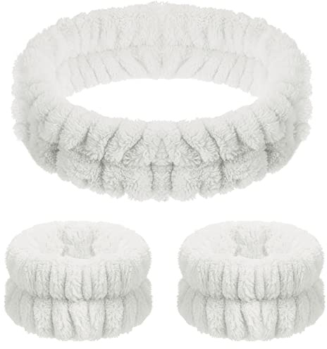 3 Pièces Set de Bandeau de Spa Facial Bracelets de Lavage de Visage Bandeau de Maquillage Doux Bracelets de Démaquillage Bandeauxde Visage Élastique Moelleux (Blanc, Style Solide)