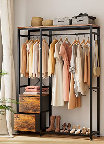 Lulive Clothes Rack with 2 Rods, Shelves, Drawers & Hooks, Garment Rack