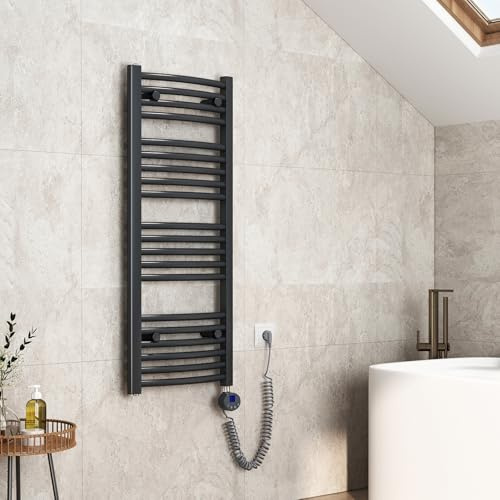 EMKE Handtuchheizkörper Elektrisch 120 x 40 cm, Gebogen Badheizkörper Elektrisch mit Thermostat, Handtuchtrockner Handtuchwärmer mit Timer Anthrazit 500W