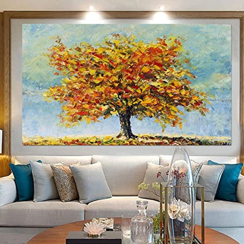 KADING Bunter Großer Baum Abstrakter Baum Ölgemälde Druck auf Leinwand Poster und Drucke Wandkunstbilder Für Wohnzimmerdekor 40x70cm(16x28in) Mit Rahmen