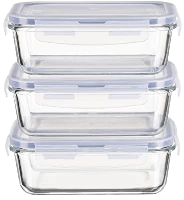 HOCHSTE Airtight Glass Food Containers with Lids - 3-Pack, 100% Leak Proof BPA Free Food Storage Containers with Locking Lids - Freezer to Oven Safe - Takeaway Containers - 3 Pack Blue - 840 ml