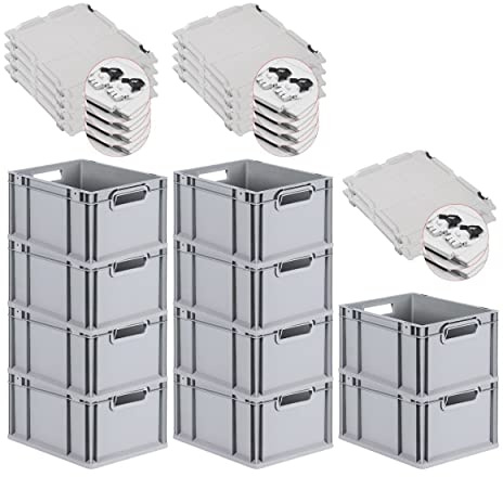 PROREGAL SuperSparSet 10x Eurobox NextGen Grip mit Scharnierdeckel und schwarzen Schiebeschnappverschlüssen, HxBxT 22x30x40cm, 20 L, Grau, Griffe offen, Eurobehälter, Transportbox