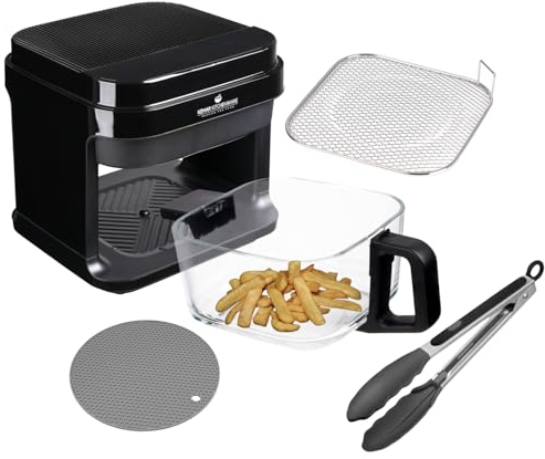 KHF-550 Heißluftfritteuse, 5,5 Liter,1.200W, Touchdisplay,Frittierkorb aus Glas ohne Beschichtung, Airfryer mit Zange und Silikonuntersetzer (KHF-550 Standardausführung)