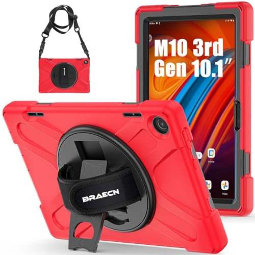 BRAECN Schutzhülle für Lenovo Tab M10 3rd Gen 10.1 Zoll 2022, Heavy Duty Rugged Schutzhülle mit 360° drehbarem Kickstand & Handschlaufe, Schultergurt für TB-328FU/TB-328XU, Rot