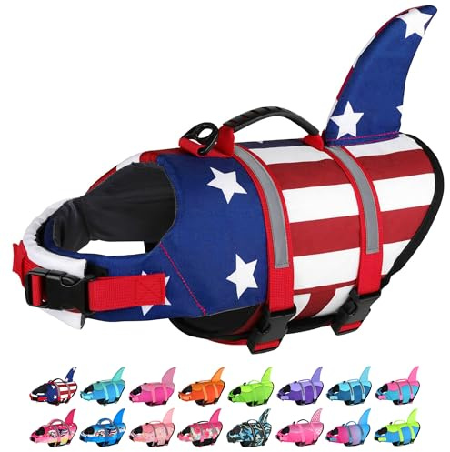 Dogcheer Dog Life Jacket Shark, American Flag Dog Life Vest with Reflective Stripes & Rescue Handle, Adjustable High Buoyancy Puppy Swim Float Vest for Small Medium Large Dogs - USA Flag, XL