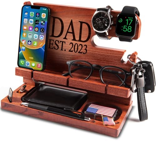 Greta Oto Personalisiert Holz Dockingstation für Handy, Tablet, Geldbörse, Gadgets, Uhr, Schlüssel, Accessories, Ablage für Arbeitstisch, Nachttisch,Geschenke für Männer (Mahagonibraun)