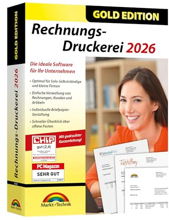 Rechnungsdruckerei 2026 Gold Edition – Rechnungsprogramm für Unternehmer, Handwerker, Kleingewerbe - Kunden und Artikel verwalten inkl. E-Rechnung - kompatibel mit Windows 11, 10, 8.1, 7