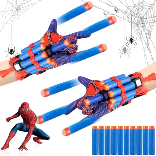 Darryy 2 Set Kids Spider Hero Handschuhe, Super Spider Launcher Handschuh, Launcher Spielzeug, Kinder Cosplay Handschuh, 6 Sauger Darts + 2 Spinne Shooter Handschuhe, Katapult Spielzeug (Weiche Kugel)