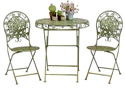 CAFIEDR Gartenmöbel für den Außenbereich aus Antikeisen, 3-teilig, Blattform, Bistrotisch mit 2 Klappstühlen, klappbares Tisch- und Stuhlset für 2 Personen, für Terrasse, Deck, Pool, Grün