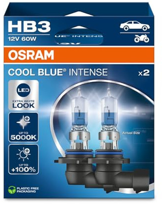 Osram COOL BLUE® INTENSE HB3, +100% mehr Helligkeit, bis zu 5.000K, Halogen-Scheinwerferlampe, LED-Look, Hängebox (2 Lampen)