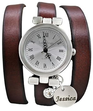 Personalisierte Armbanduhr mit Gravurplättchen & Geburtsstein-Anhänger – Braun Echtleder Wickelarmband | Perfektes Geschenk für Weihnachten, Geburtstag, Jahrestage | Für Mama, Freundin, Ehefrau