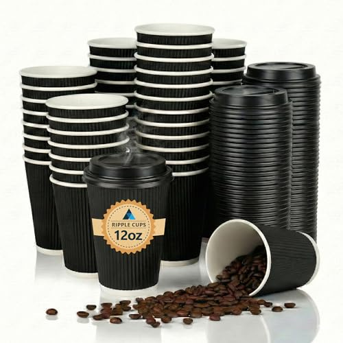 Nationwide Paper Ripple - Bicchieri di carta da asporto con coperchio, 30 tazze, 350 ml, ideali per tè, caffè e acqua calda, usa e getta, triplo isolamento termico, per uso ufficio, colore nero