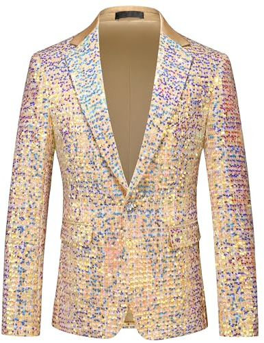 UNINUKOO Mens Casual Floral Blazer Dress Slim Fit Prom Party Paisley Suit Jacket for Men US Size 44 Sequin Gold
