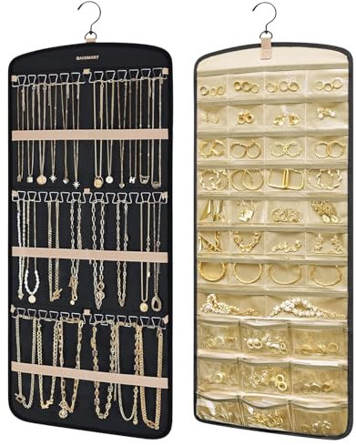 Aucuu Dual-sided Jewelry Organizer Hanging, Hanging Jewelry Organizer, Jewelry Roll with Metal Hooks, 39 Pockets and 3 Wave-Shaped Hooks, Double Side Large Jewelry Holder for Earrings Necklaces Rings