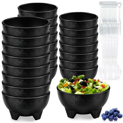 LOSYHU 24 Pack 13.5 OZ Salsa Bowls for Party, Salsa Guacamole Bowls Plastic Mexican Salsa Bowls Bulk Unbreakable Small Molcajete Bowl with Spoons&Forks for Fiesta Chip Dish Salsa Candy, Black