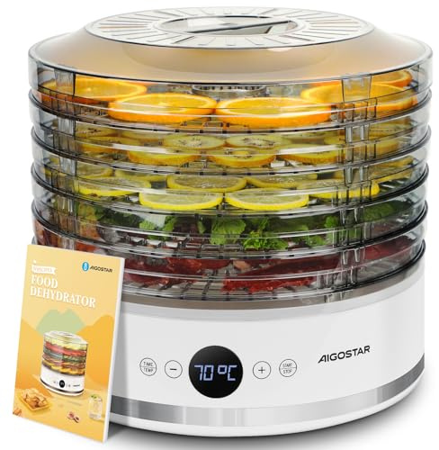 Aigostar 5 Tier Food Dehydrator Machine 380W with 48H-Timer, Fan Function, Recipe Book, LED Display and 35-70℃ Adjustable Temperature for Drying Meat, Fruit, Vegetable, Jerky, Pet Treat, BPA Free