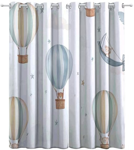 Verdunklungsvorhänge Gardinen mit Ösen Blickdichte Vorhänge Lärmschutzvorhang für Kinderzimmer Thermo Gardinen mit Aquarell Heißluftballon Muster, Weiß Schiebevorhänge Gesamtgröße: H214 x B183 cm