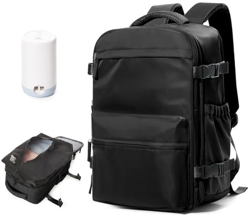 BOXSAM Vakuum Rucksack Handgepäck Flugzeug Tasche Airbag mit Vakuumsystem Reisen Tagesrucksack Ryanair 40x30x25 Rucksack Damen Vacuum Reiserucksack mit Pumpe Wasserdicht Herren Vakuum Koffer.Schwarz