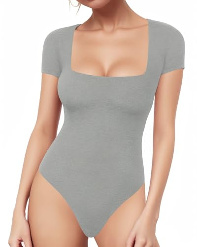 ALGALAROUND Damen Body Kurzarm Bodysuit Mit Eckiger Ausschnitt Sexy Elegant Basic Bodys Shirt Top Oberteile Damenbody Bodies für Sommer Party Going Out