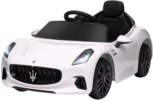 AIYAPLAY Macchina Elettrica per Bambini 12V Maserati Gran Turismo Folgore, Auto Elettrica per Bambini con 2 Motori, Avvio Dolce, Rotelle, Telecomando, Cintura, Musica, Clacson e Fari, 3-5 km/h, Bianco
