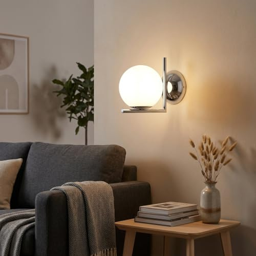 BARCELONA LED Aplique de Pared ATOM Bola de Cristal Blanco Ø15cm E27, Lámpara de Pared Pequeña con Soporte L Cromo de Aluminio, Estilo Clásico Moderno Vintage Iluminación Interior Decorativa