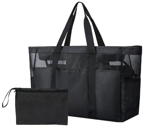 Wanlxc Mesh Strandtasche XXL Familie mit Reißverschluss, Shopper Damen Groß Badetasche Leicht Beach Bag Wasserdicht Faltbare Schultertaschen Einkaufstaschen für Reisen Einkaufen und Alltag