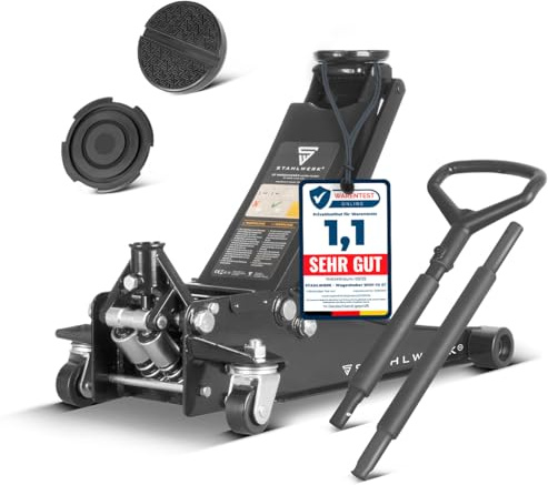 STAHLWERK Cric idraulico con portata di 3 t, extra piatto, 73 – 500 mm, ruote gommate, doppio pistone, cric idraulico, sollevatore auto nero, WHB-73 ST