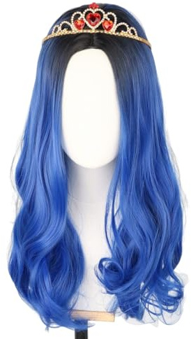CGVG Lange Lockige Blaue Perücke Hitzebeständige Synthetische Perücke Blue Wig für Karneval Fasching Halloween Kostüm Party (ohne Krone) (Erwachsene)