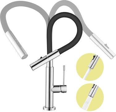 Grifo de cocina con 2 tipos de chorro de agua, grifo de cocina con caño flexible con 2 tipos de chorro, grifo mezclador de cocina negro, grifo de alta presión, giratorio 360°, con ahorro de agua