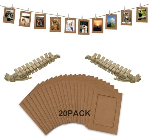 20 marcos de fotos de cartón de piel de vacuno con cuerda para colgar y estacas de madera para tu fotobanner, pared de fotos, guirnalda de fotos y decoraciones de eventos.