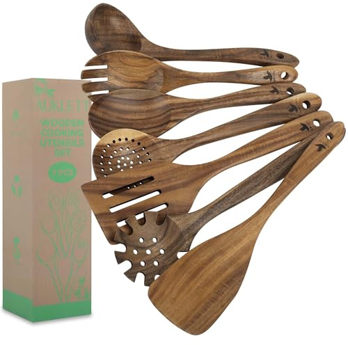 Wooden Utensil Set – 7 Pcs Teak Wooden Spoons & Spatulas for Cooking | Wooden Kitchen Utensils Set UK | Non-Stick Safe | Heat Resistant | Comfortable Grip | Eco-Friendly Gift Set (7 Piece Set)