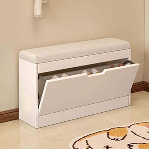 Bliajkswyr Estrecho 17 Cm Banco Zapatero Blanco Pasillo Multifuncional Armario Zapateros Baúl con Puerta abatible Estante De Pie Libre Asiento Acolchado para Entradas Dormitorios(White,80x17x46cm)