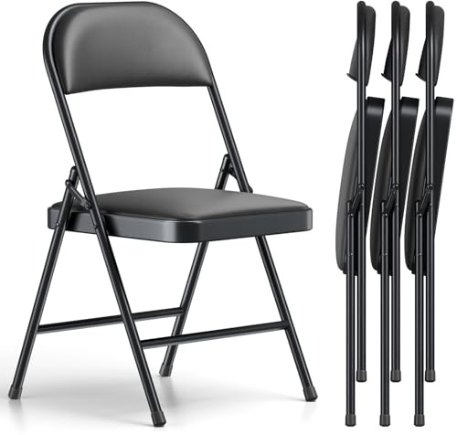 MAKE CHANGES Folding Chair 4 Pack, Comfy PU Leather Padded Folding Chairs for Outside and Indoor, Heavy Duty Portable Foldable Metal Commercial Seat for Home Office, Dorm, Party, Backyard, Lawn, Patio