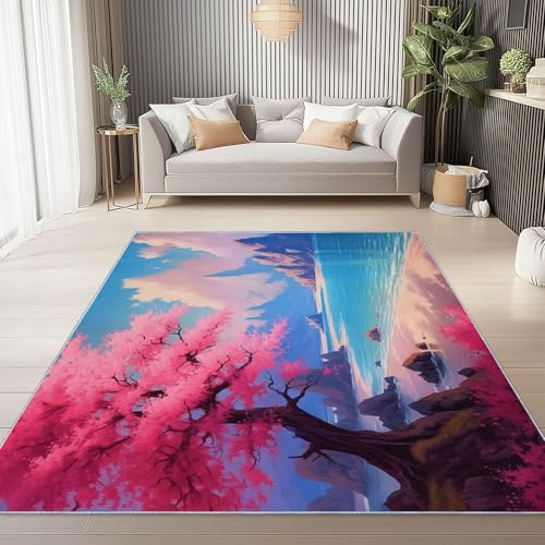 Weich Teppich Wohnzimmer 120 x 180 cm, Waschbar Kurzflor Gebürstetes Flanellmaterial - Fantasy Ölgemälde Berge Meer Blumen bedruckter Gegend Teppich Geeignet für Wohnzimmer und Küche Farbe