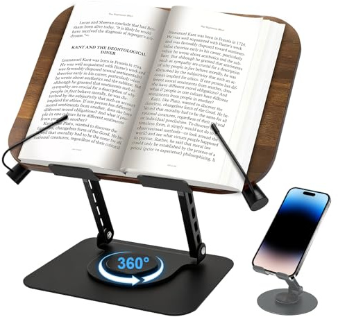 Diesisa Leggio per Libri in Legno: Supporto Libri per Lettura con Base Girevole a 360° - Ripiano per ricette regolabile con clip per libri - per cucina, scuola, ufficio, tutti i libri, tablet