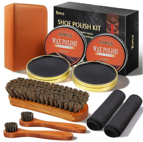 Topus 8 Pieces Black Shoe Polish Kit, Includes 2Pcs 1.4Oz Black Shoe Wax, 3 Pieces Horsehair Boots Brushes, 2Pcs Shine Cloths Leather Shoes and Boots Care Kit with Storage Bag